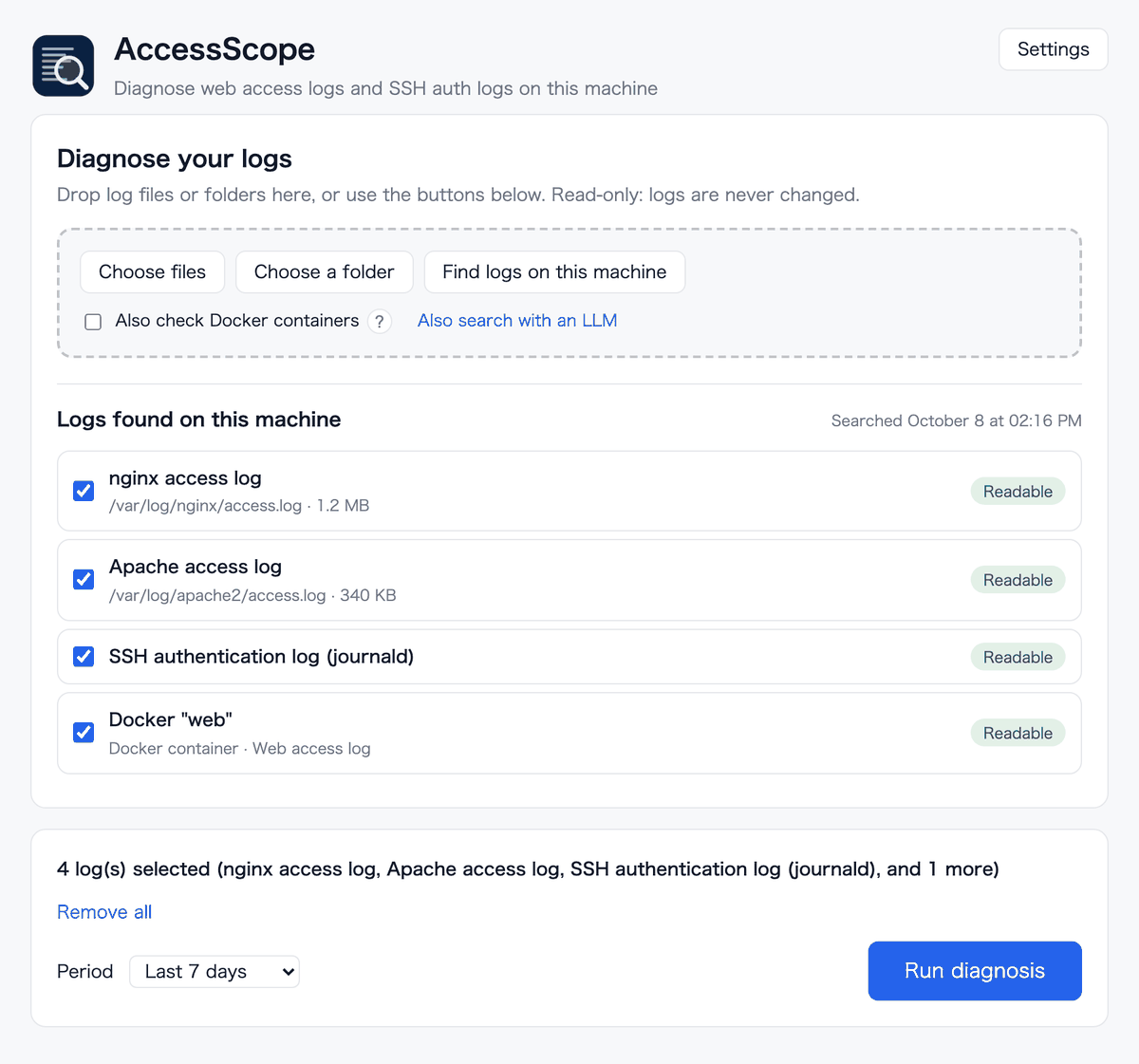 AccessScope's "Diagnose logs" screen. nginx, Apache, SSH and Docker logs have been found, and the "Diagnose" button is shown