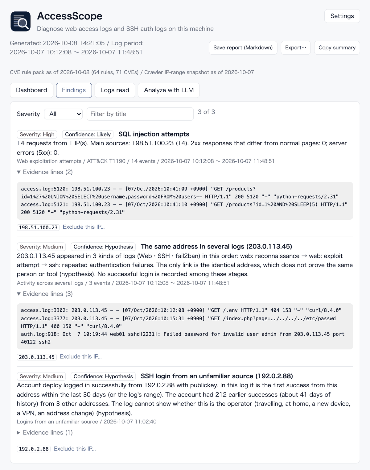 The list of findings. For an SQL injection, the same address in several logs, and an SSH login from an unfamiliar source, the evidence log lines and the reasons are shown