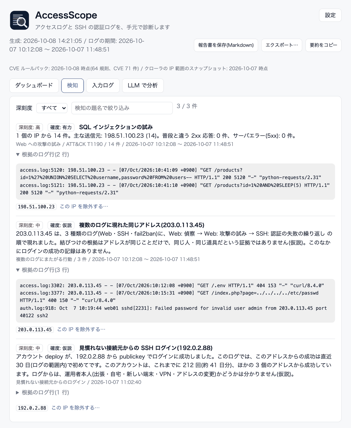検知の一覧。SQL インジェクション、複数のログに現れた同じアドレス、見慣れない接続元からの SSH ログインについて、根拠のログ行と理由が表示されている