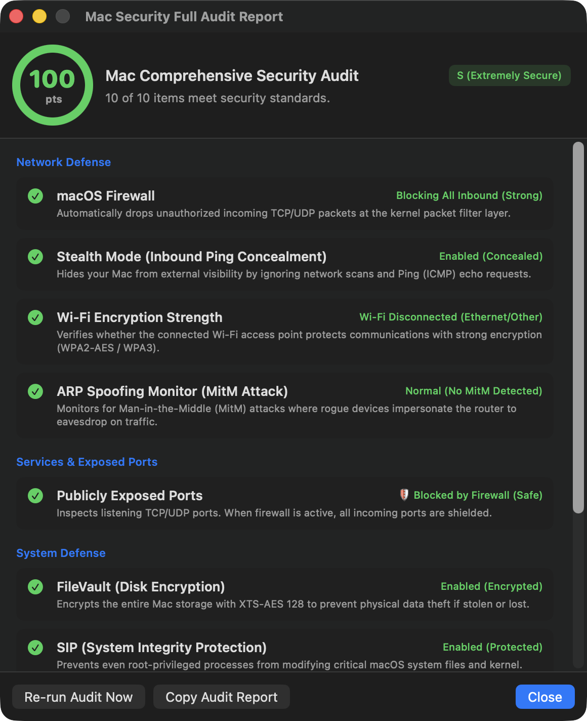 Report di diagnostica di sicurezza di RoamSwitch Mac (schermata reale)