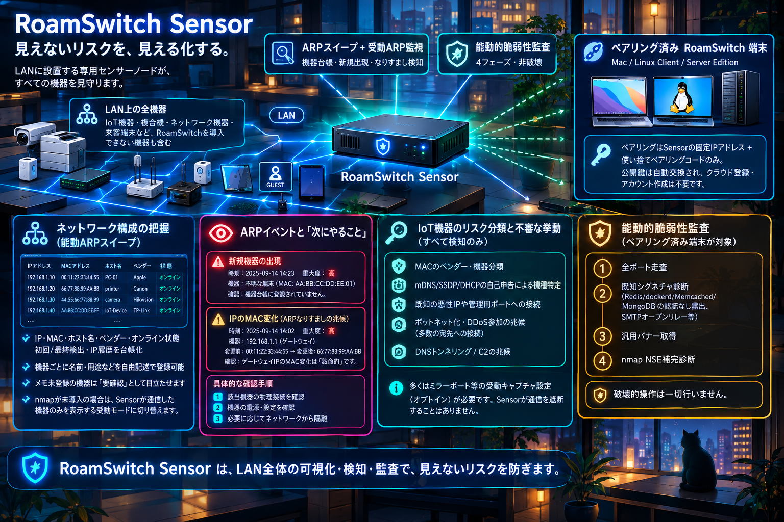 RoamSwitch Sensor: a dedicated LAN sensor node with ARP sweep and passive ARP monitoring, IoT risk classification, active vulnerability audit of paired RoamSwitch endpoints, and pairing-code (Ed25519, fixed IP) pairing